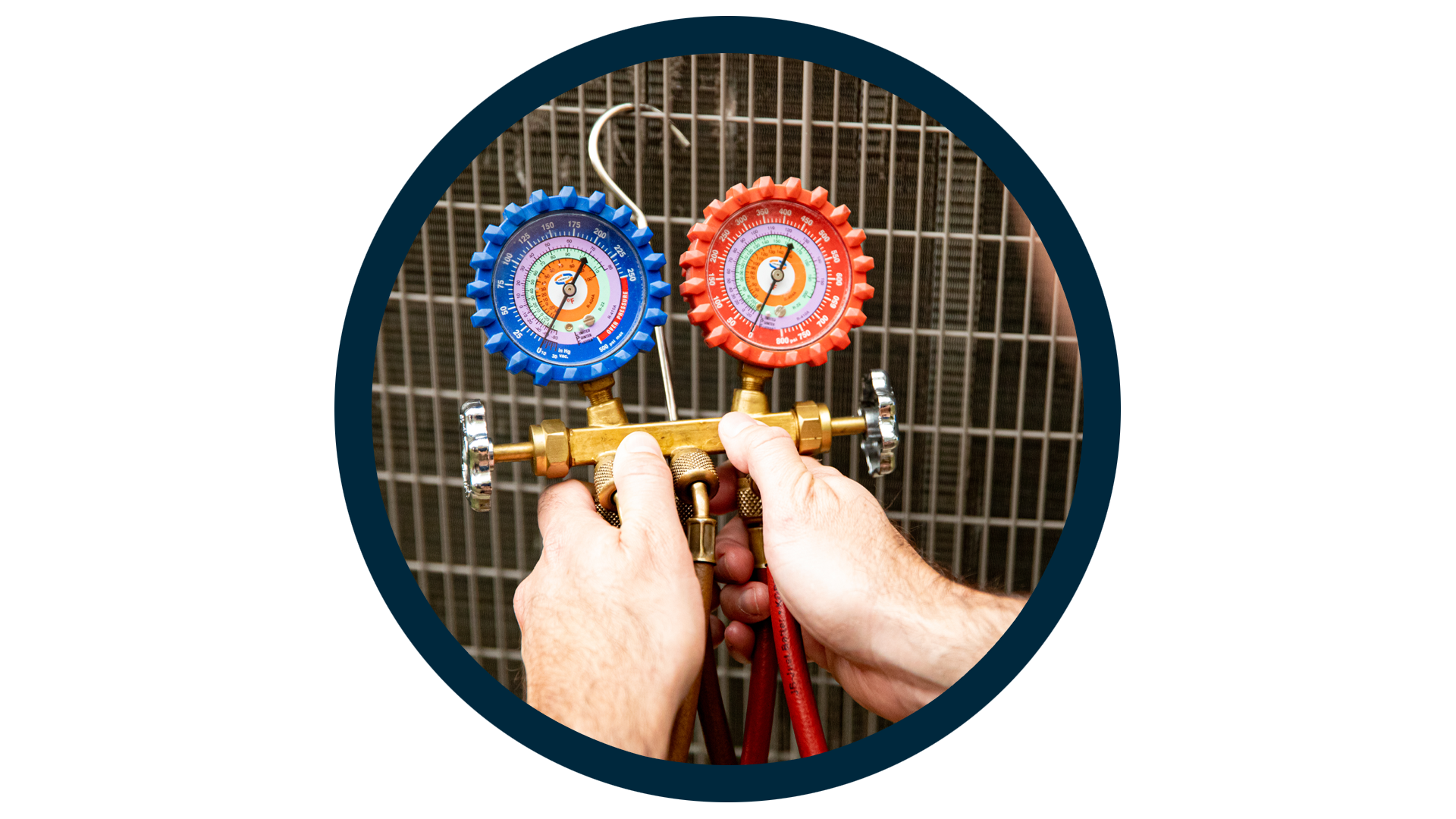 SALT electrician using a screwdriver to work on a residential electrical breaker panel, framed in a circular blue outline