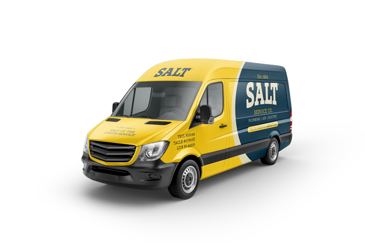 Salt Air & Electric yellow and navy service van parked, showcasing company logo and tagline