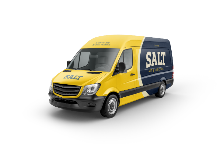 Salt Air & Electric branded yellow and navy service van parked, showcasing company logo and tagline