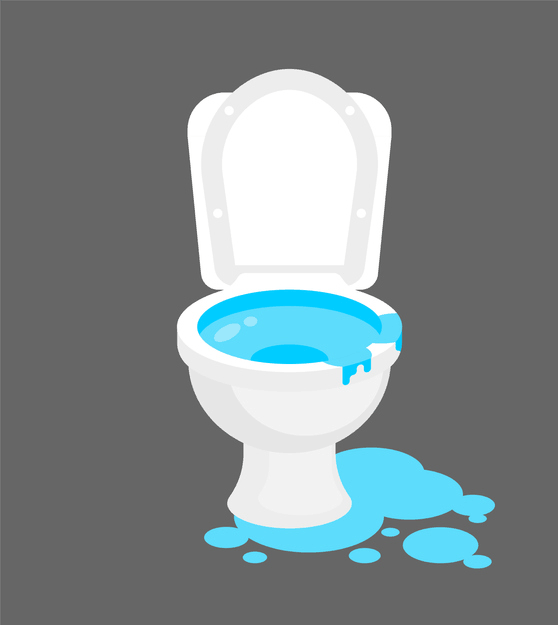 Cartoon illustration of an overflowing toilet with blue water spilling onto the floor