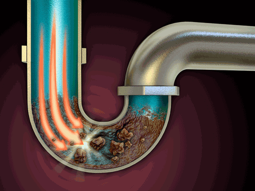 Illustration of a clogged drainpipe showing buildup inside with water and debris