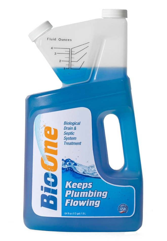 BioOne biological drain and septic system treatment bottle labeled Keeps Plumbing Flowing