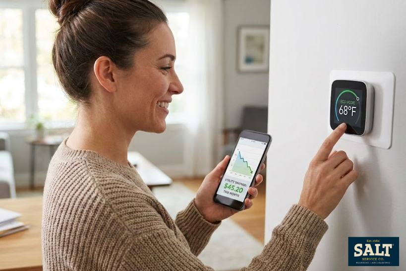 Woman adjusting smart thermostat to reduce utility bills