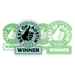 Best of Austin Winner badges from The Austin Chronicle for 2023 and 2024, showing green and black thumbs-up icons
