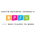 Austin Business Journal’s 2023 Best Places to Work award logo with colorful BPTW lettering