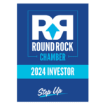 Round Rock Chamber 2024 Investor badge in blue design with Step Up initiative branding