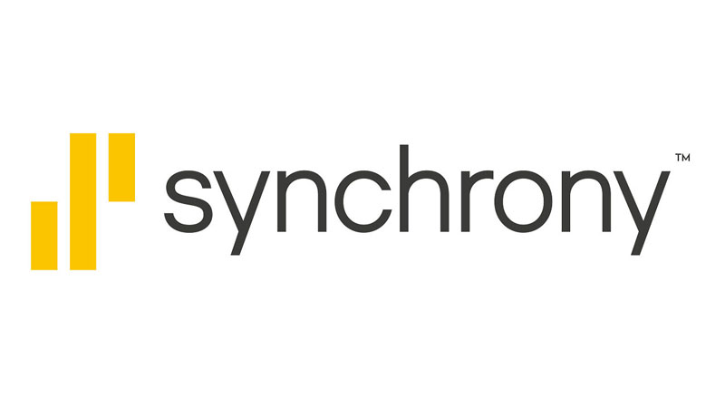 Synchrony logo in gray and yellow with stylized bar design