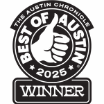 Best of Austin 2025 Winner badge featuring a thumbs-up icon, awarded by The Austin Chronicle