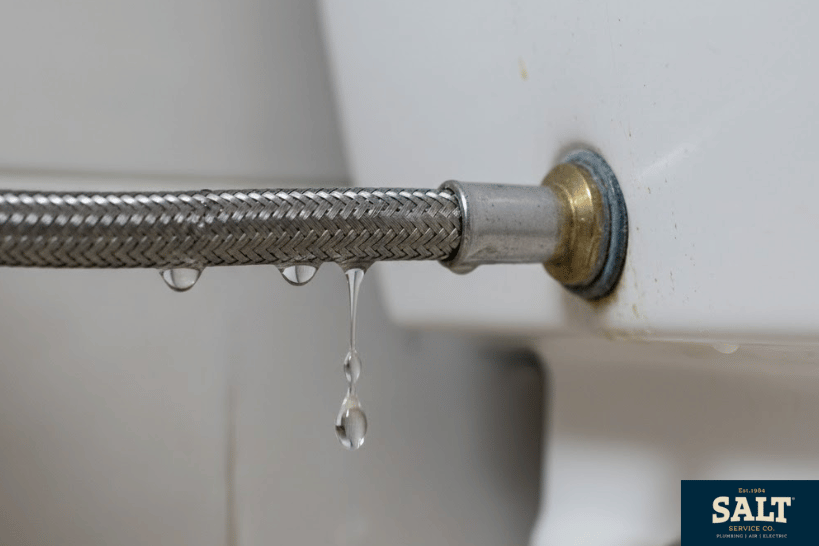 Toilet hose leaking with visible water droplets needing repair