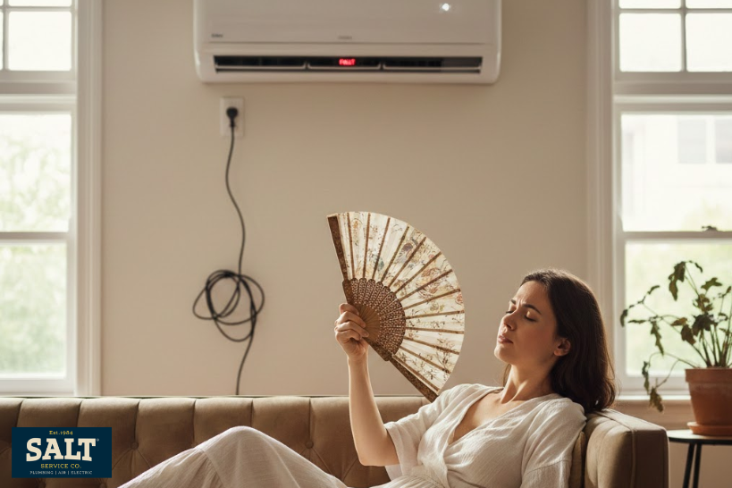 Woman sitting on a couch fanning herself beneath a wall-mounted mini split air conditioner, suggesting indoor cooling issues or insufficient AC performance.