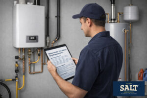 Plumber reviewing water heater installation requirements on a tablet while standing next to a tankless and traditional water heater setup.