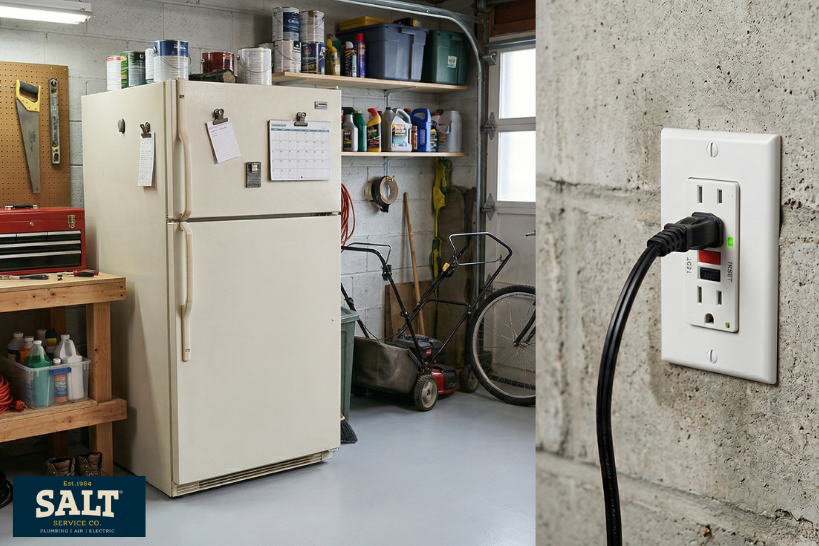 Split image of a garage with a refrigerator and storage shelves, alongside a close-up of a cord plugged into a GFCI wall outlet—highlighting garage outlet power and appliance safety.