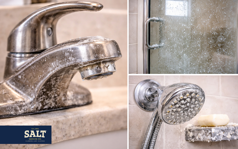 Hard water mineral buildup on a bathroom faucet, shower door, and showerhead.