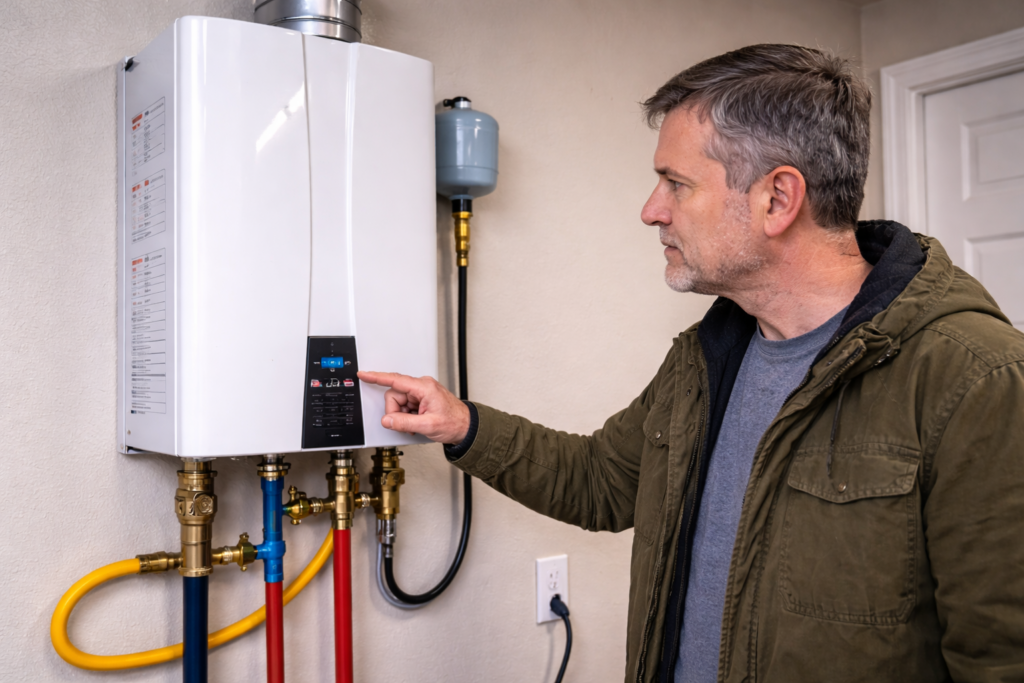 Homeowner checks a wall-mounted tankless water heater/boiler, pressing the control panel while pipes and fittings connect below the unit.
