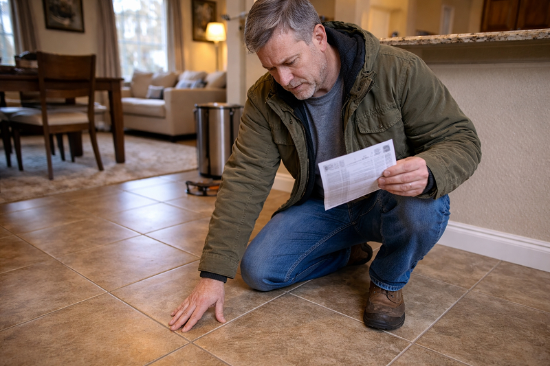 Homeowner kneels on a kitchen tile floor holding a paper while checking the flooring, inspecting for water damage or a possible leak in the home.