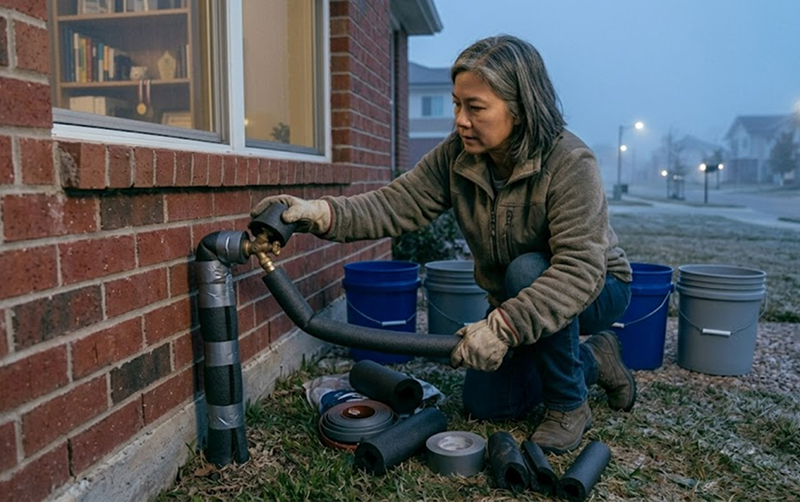 Homeowner insulating an outdoor pipe connection beside a brick house in cold weather to help prevent freezing