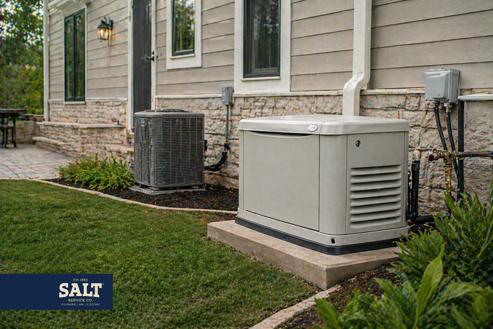 Standby home generator installed on a concrete pad beside a house near the outdoor HVAC unit