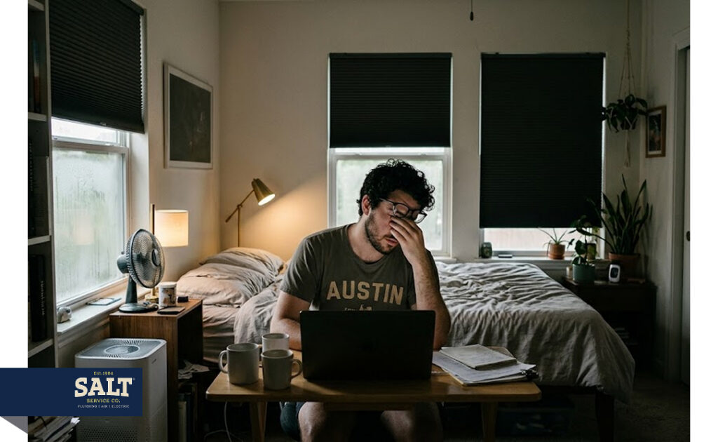 Tired man sitting at a desk in a bedroom with a laptop, mugs, and an air purifier nearby.