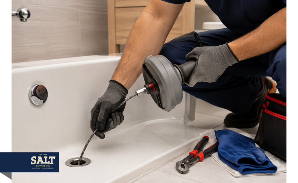 Plumber using a drain snake to clear a bathtub clog with tools and towels nearby