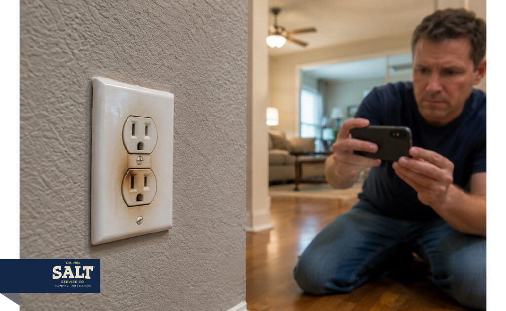 Homeowner photographing a burned electrical outlet for emergency repair assessment