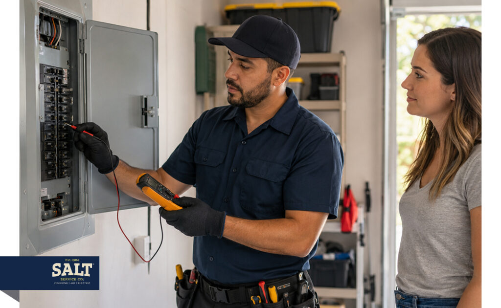 Electrician testing a residential electrical panel with a multimeter while a homeowner watches in the garage