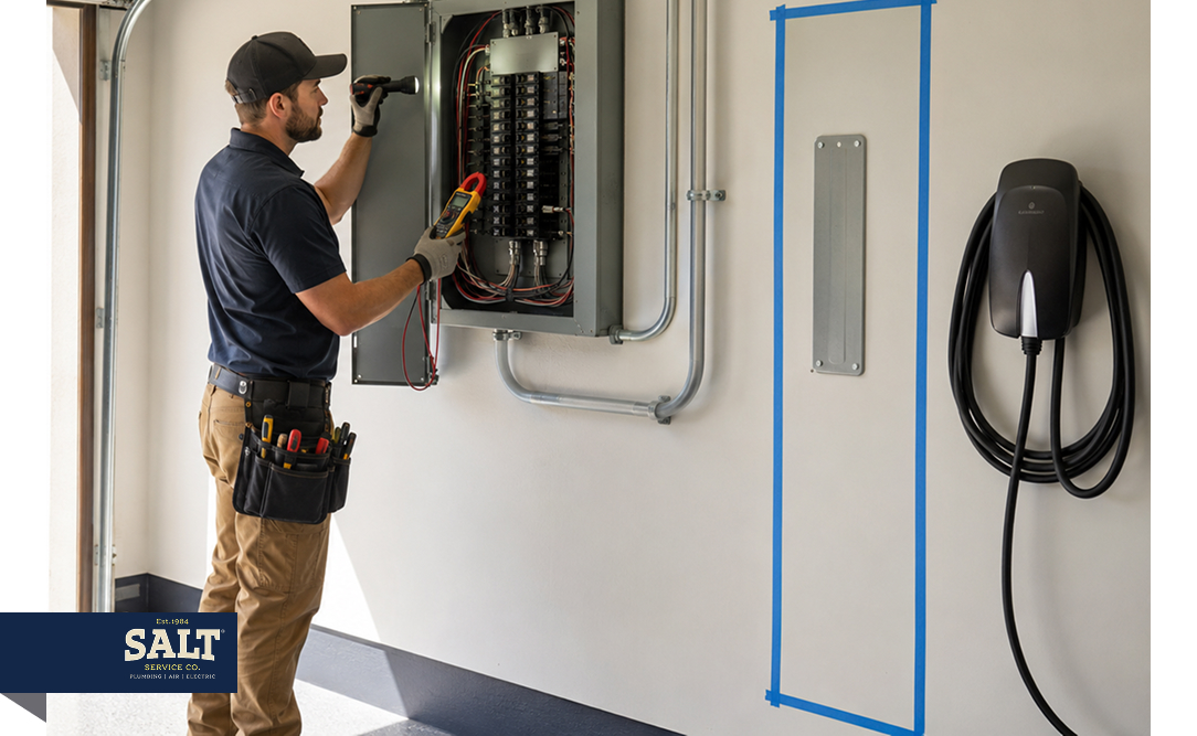 Electrician inspecting electrical panel for EV charger installation while homeowner watches