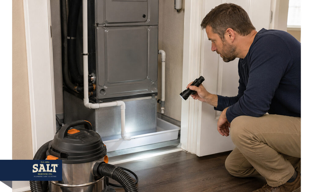 Technician inspecting an indoor furnace with a flashlight and shop vacuum nearby