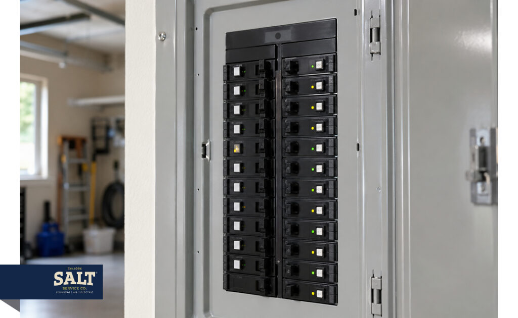 Open electrical panel with rows of circuit breakers in a residential garage