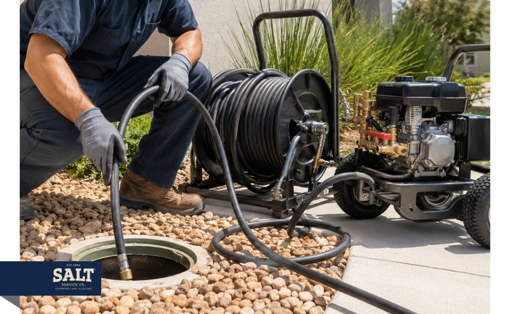 Salt Service plumber uses hydro jetting equipment to clean an outdoor residential drain line