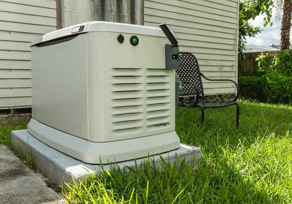 Standby whole-house generator installed on a concrete pad in a grassy backyard next to a home, ready for emergency power supply